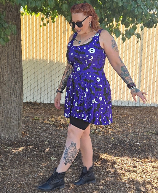 Purple Halloween Night Skulls And Bats - Women's Skater Dress