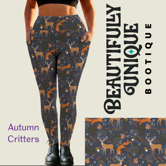 Pre-Order: Autumn Critters Exclusive Leggings with Side Pockets - High-quality Handcrafted Vibrant Fall Animals