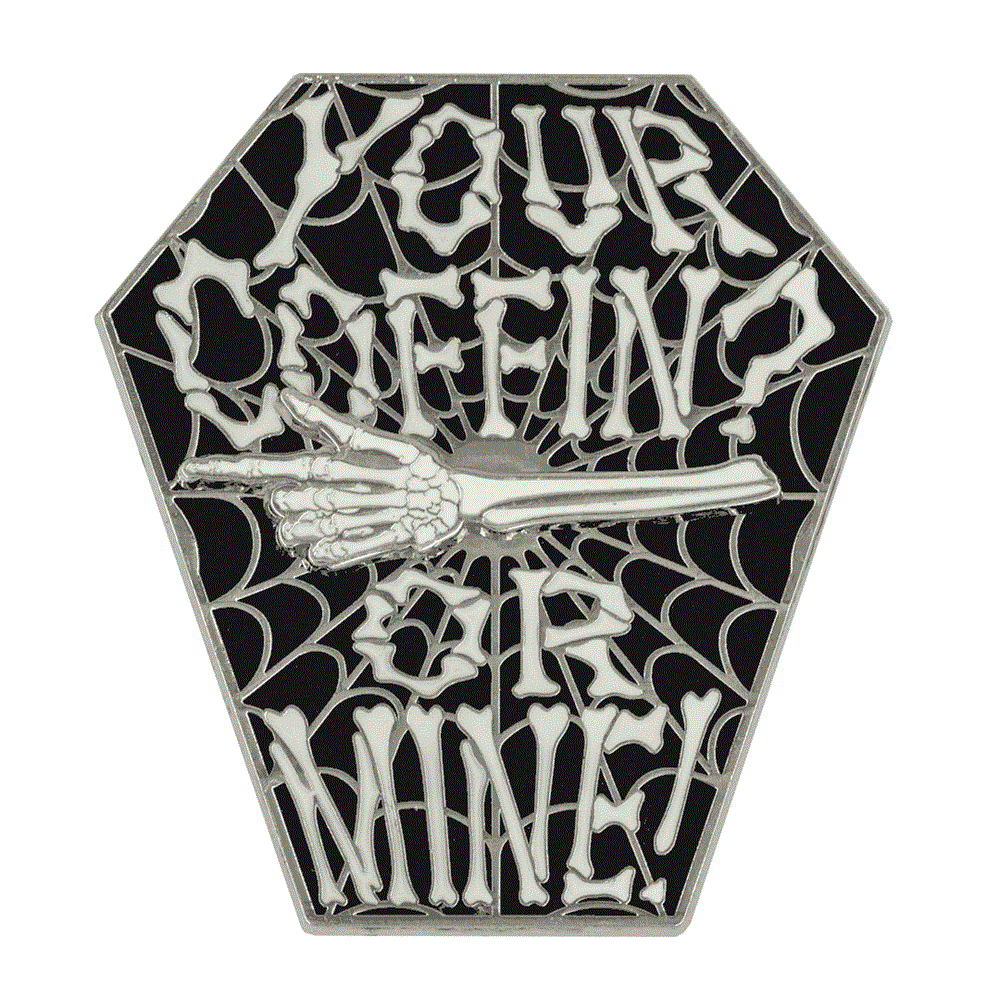 "Your Coffin or Mine" Coffin Spinning Skeleton Enamel Pin