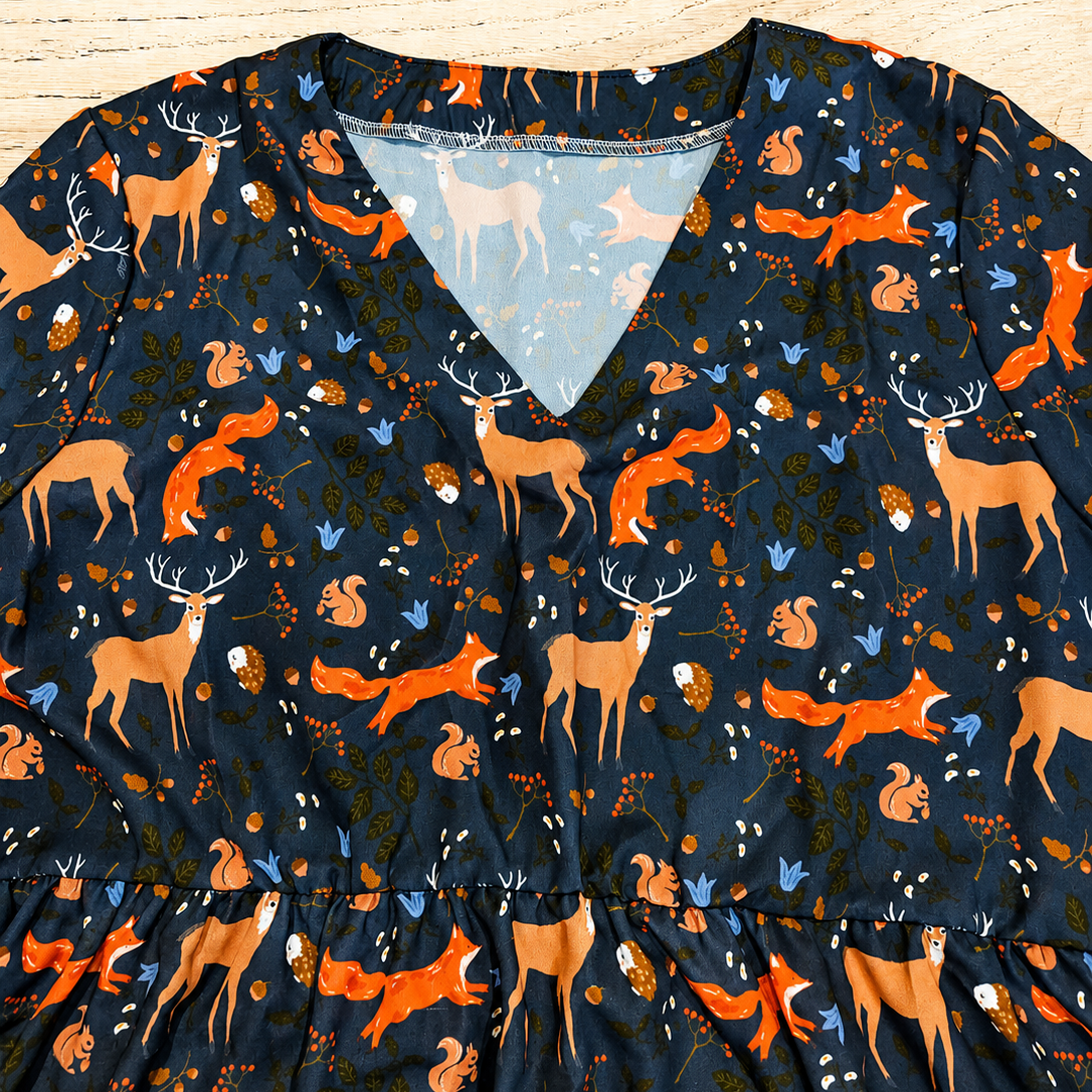 Pre-Order: Autumn Critters - Ophelia Long Sleeve Flowy V-Neck Midi Dress