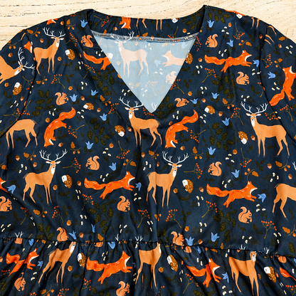 Pre-Order: Autumn Critters - Ophelia Long Sleeve Flowy V-Neck Midi Dress