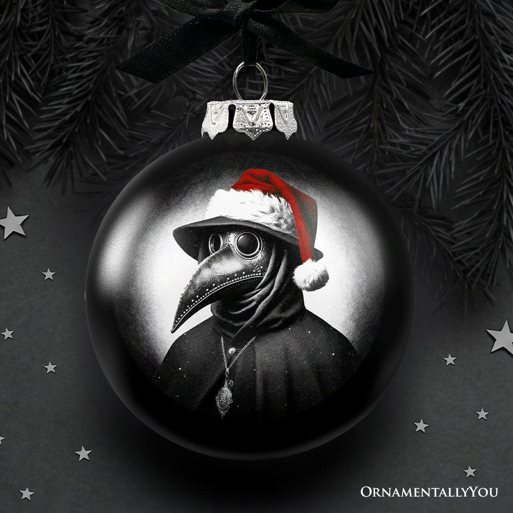 Plague Doctor Christmas Spooky Portrait Glass Ornament, Black Horror Halloween Tree Decoration