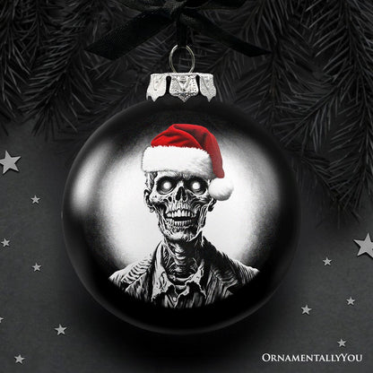 Zombie Christmas Spooky Portrait Glass Ornament, Black Horror Halloween Tree Decoration