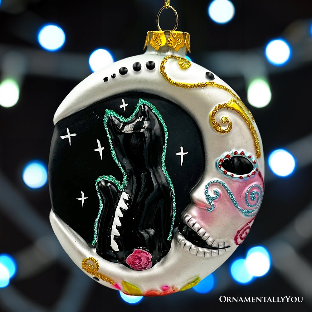 Folkloric Siamese Cat Sugar Skull Glass Ornament, Celestial Crescent Moon Halloween Decor