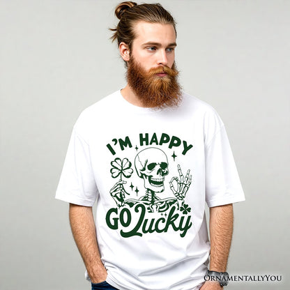 Happy Go Lucky Clover Skeleton St Patrick’s Day T-Shirt, Green Shamrock Vintage Tee