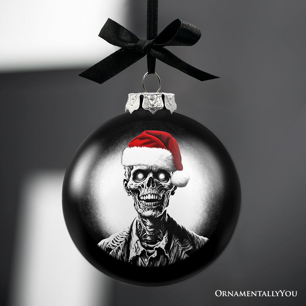 Zombie Christmas Spooky Portrait Glass Ornament, Black Horror Halloween Tree Decoration