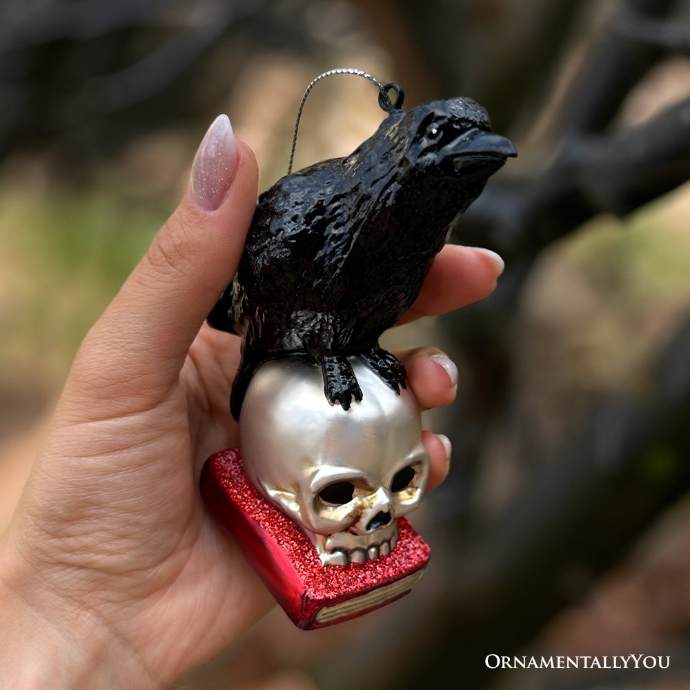 Raven on Skull and Book Glass Ornament, Horror Edgar Allan Poe Decoration