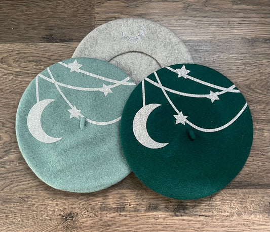 Fox & Fable - Vegan Beret - Silver Hanging Moon and Stars