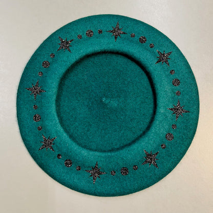 Vegan Beret - Emerald  - Black Starburst