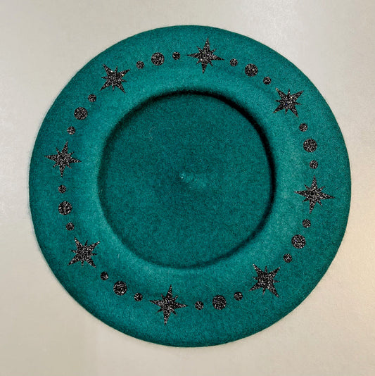 Vegan Beret - Emerald  - Black Starburst