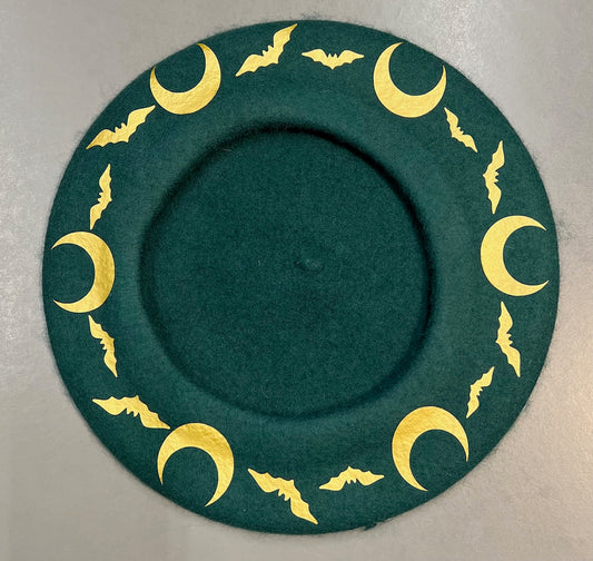 Vegan Beret - Emerald  - Gold Bat Moon