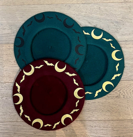 Vegan Beret - Emerald  - Gold Bat Moon
