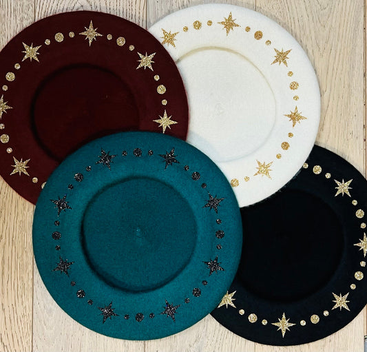 Vegan Beret - Emerald  - Black Starburst