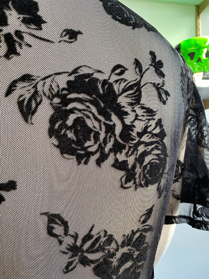 Lydia Wrap Dress in Flocked Rose Black Mesh