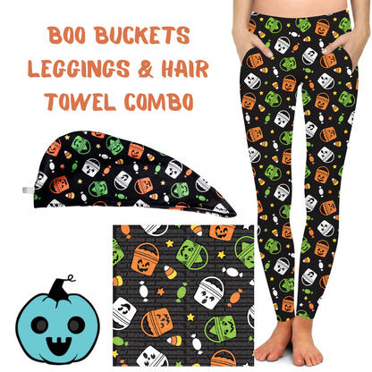 Leggings & Hair Wrap Towel Combo Boo Bucket Halloween Vintage - The Sketchy Pumpkin