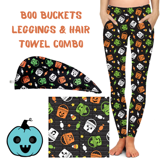 Leggings & Hair Wrap Towel Combo Boo Bucket Halloween Vintage - The Sketchy Pumpkin