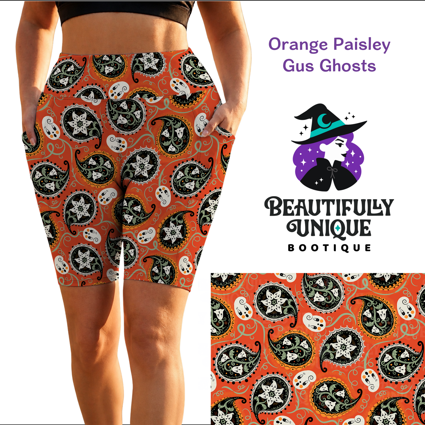 Pre-Order: “Orange Paisley Gus Ghosts” Biker Shorts with Pockets (Limited Edition – Johanna Parker Exclusive)