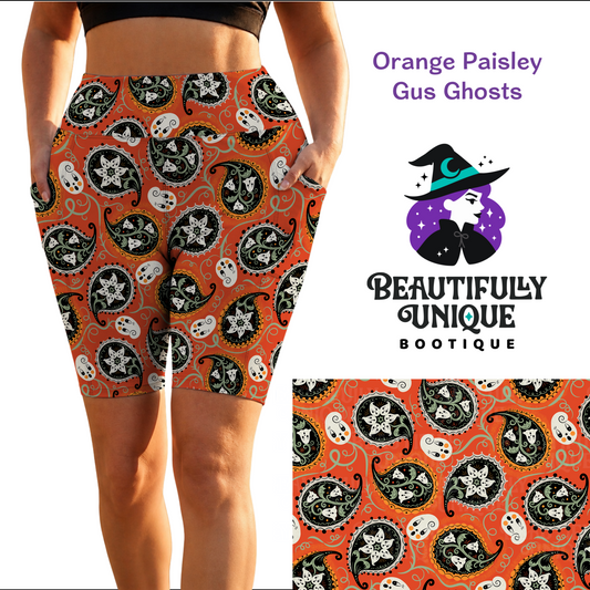Pre-Order: “Orange Paisley Gus Ghosts” Biker Shorts with Pockets (Limited Edition – Johanna Parker Exclusive)