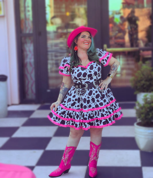 Adelaide Mini Swing dress in Bessie Moo print