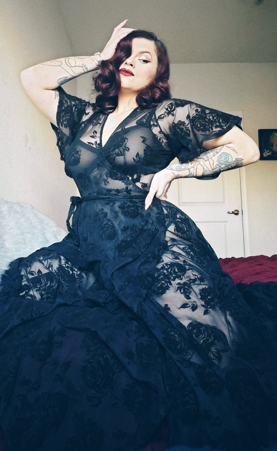 Lydia Wrap Dress in Flocked Rose Black Mesh