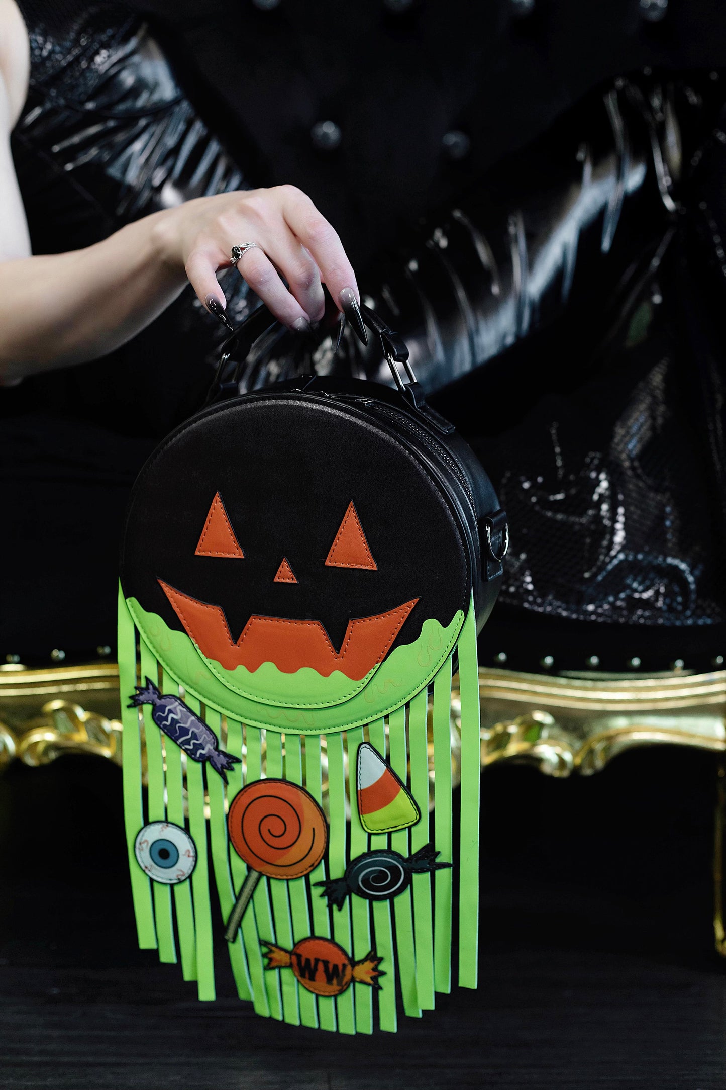Mini Pumpkin Barf Bag - Faux-Leather Jack-o’-Lantern Fringe Purse with Neon Green “Pumpkin Guts” (Trick-or-Treat Gone Wrong Edition)
