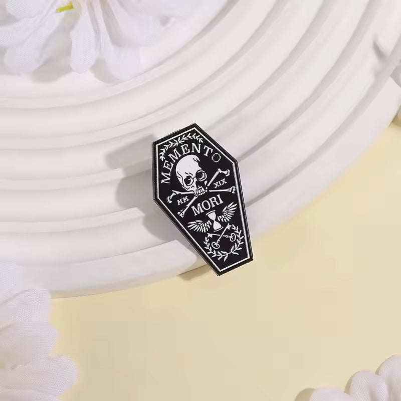 Mori Memento Skull and Crossbones Coffin Enamel Pin