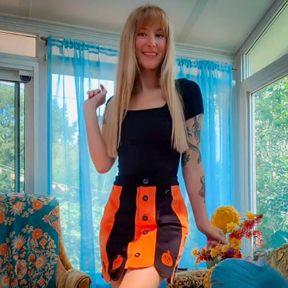 Smak Parlour 1960s Orange & Black Pumpkin Scallop Corduroy Denim Mini Skirt