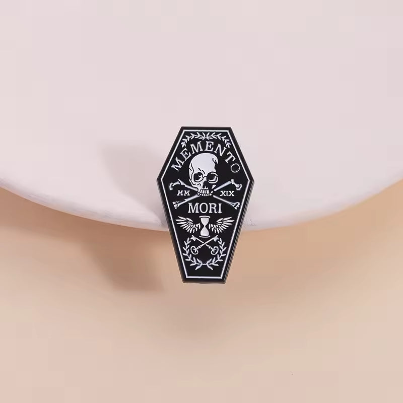 Mori Memento Skull and Crossbones Coffin Enamel Pin