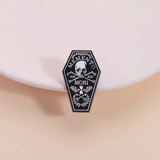 Mori Memento Skull and Crossbones Coffin Enamel Pin