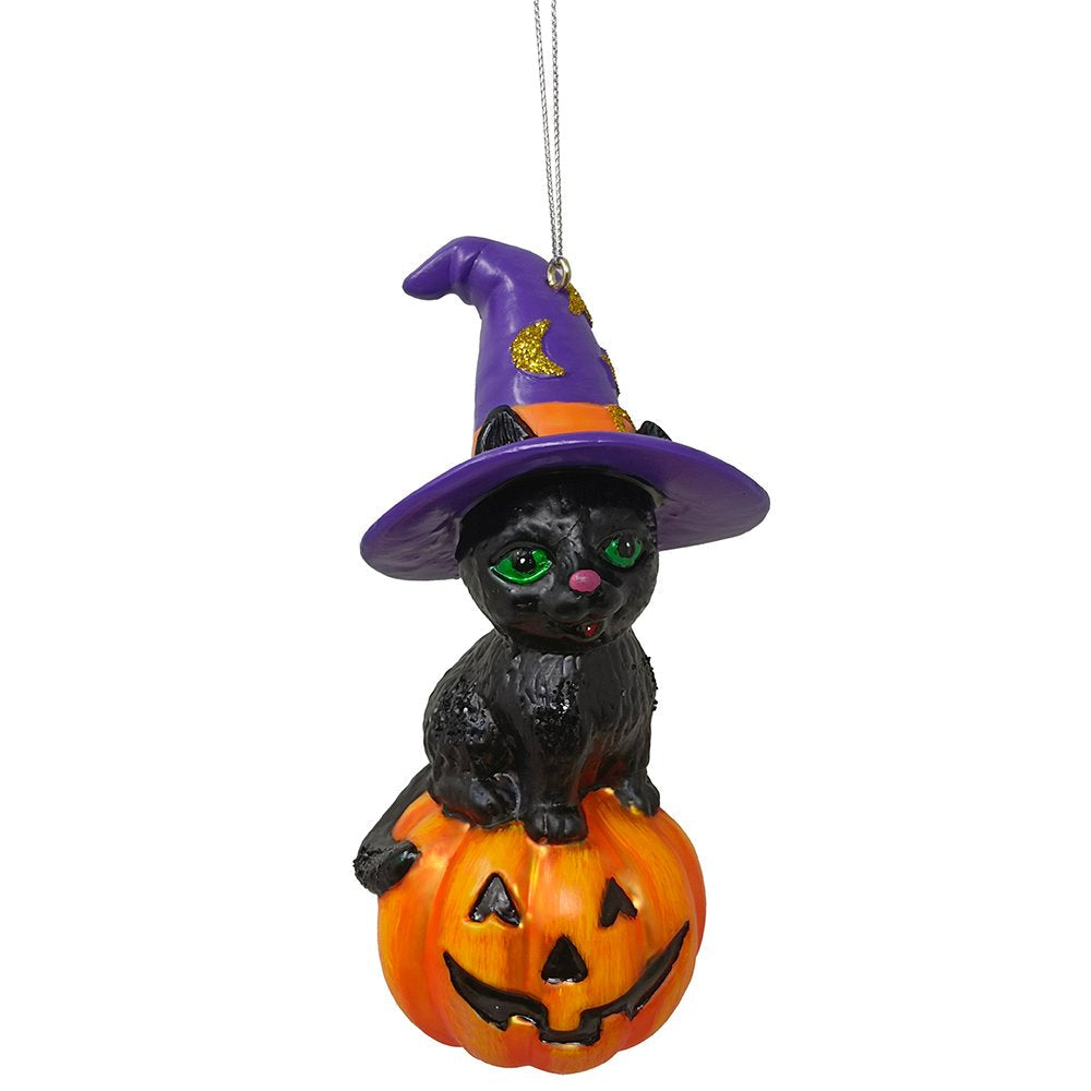 Black Cat on Pumpkin Spooky Glass Christmas Ornament, Witch Hat Halloween Theme