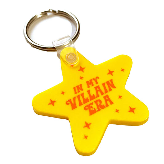 "In My Villain Era" Yellow Star Shaped Vinyl Keychain (Krystan Saint Cat)