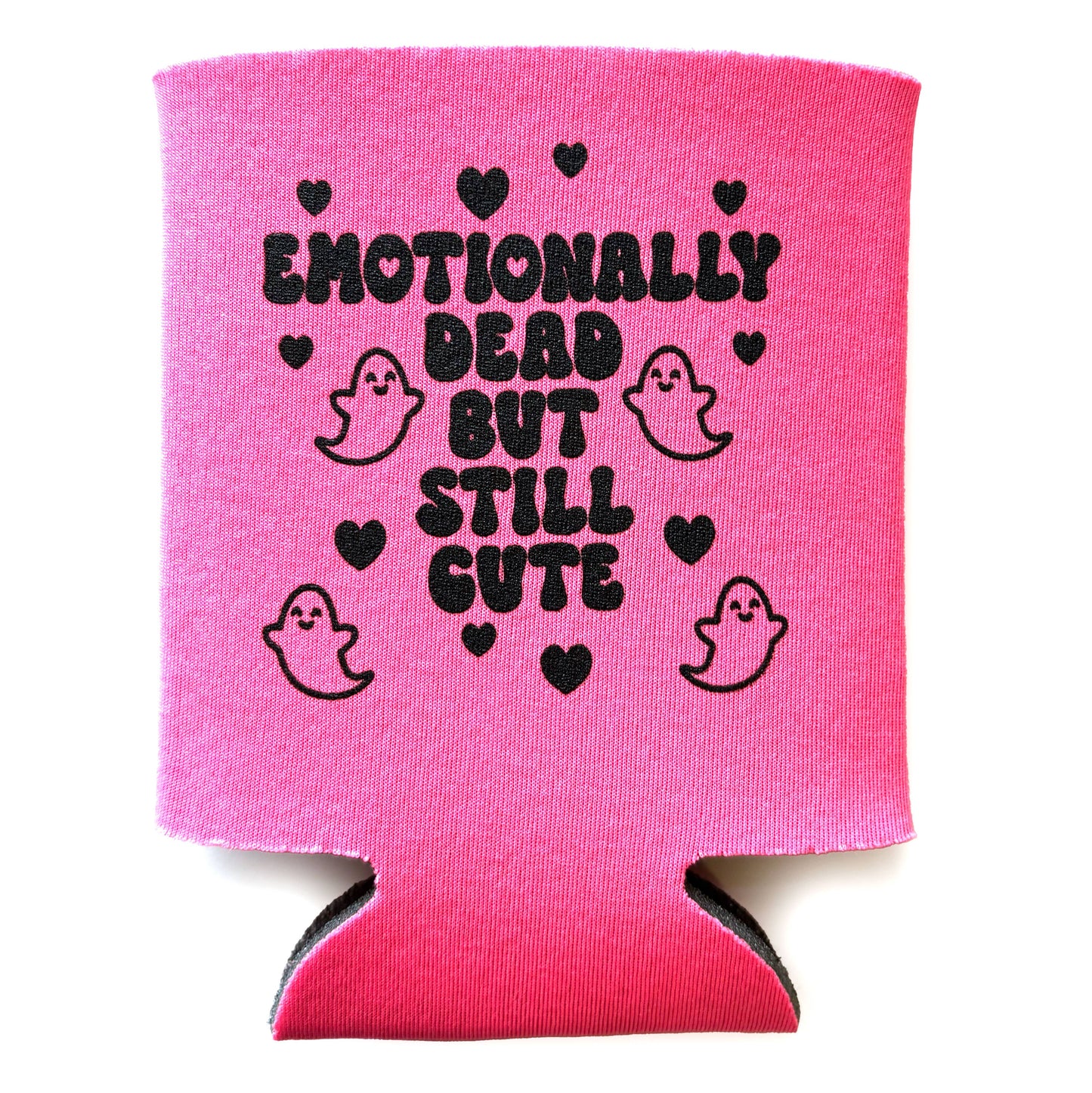 "Emotionally Dead But Still Cute" Pink Neoprene Can Holder (Krystan Saint Cat)