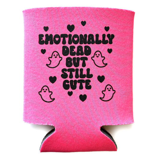 "Emotionally Dead But Still Cute" Pink Neoprene Can Holder (Krystan Saint Cat)