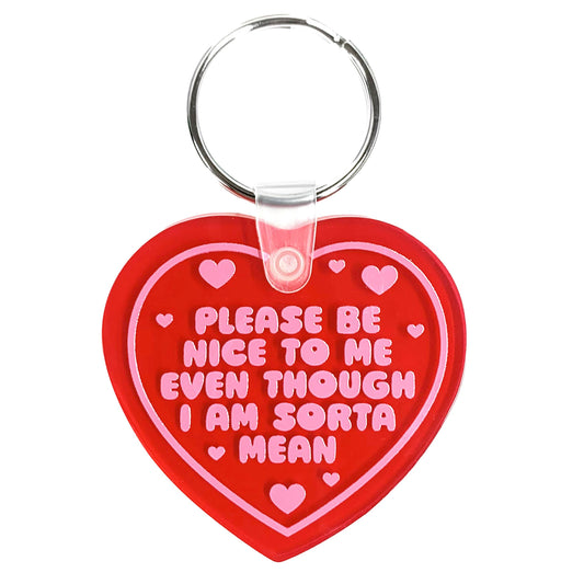 "Please Be Nice To Me" Heart Shaped Vinyl Keychain (Krystan Saint Cat)