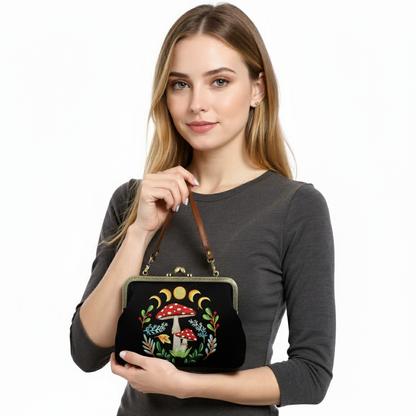 Celestial Mushroom Kiss Lock Bag in Linen Cotton Blend Material