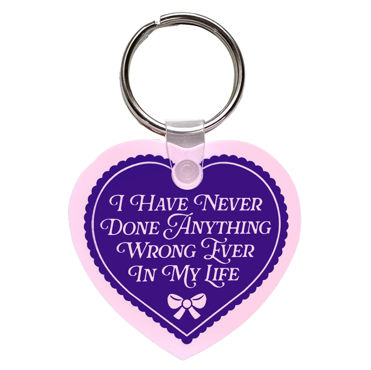 "I Have Never Done Anything Wrong" Heart Shaped Vinyl Keychain (Krystan Saint Cat)
