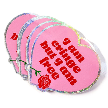 "I Am Cringe But I Am Free" Heart Shaped Glitter Sticker (Krystan Saint Cat)