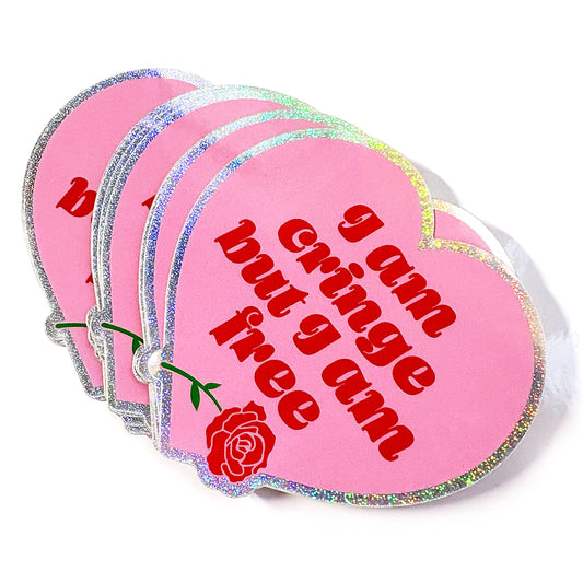 "I Am Cringe But I Am Free" Heart Shaped Glitter Sticker (Krystan Saint Cat)