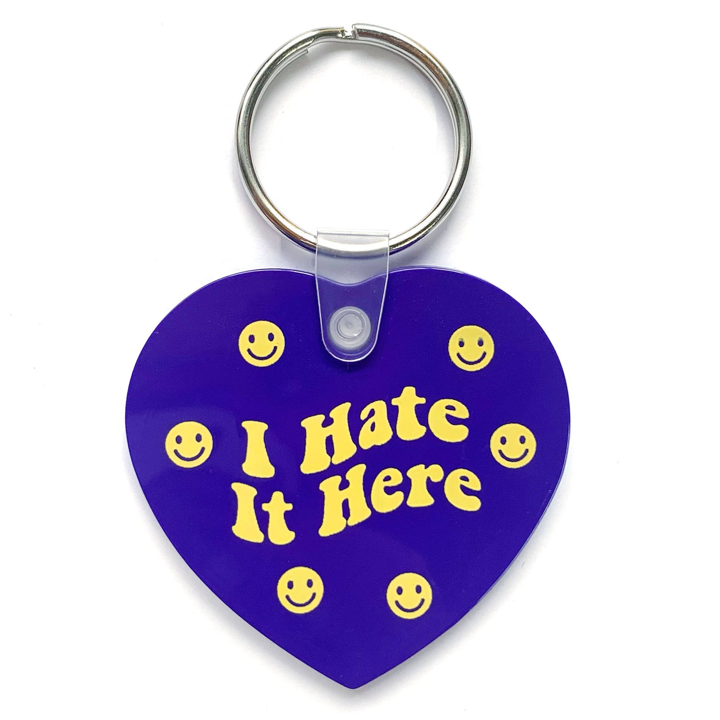 "I Hate It Here" Purple Happy Face Heart Shaped Vinyl Keychain (Krystan Saint Cat)