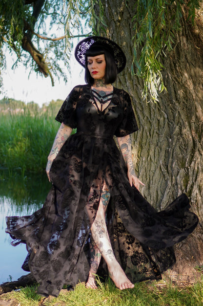 Lydia Wrap Dress in Flocked Rose Black Mesh