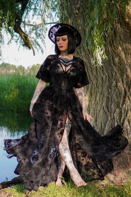 Lydia Wrap Dress in Flocked Rose Black Mesh