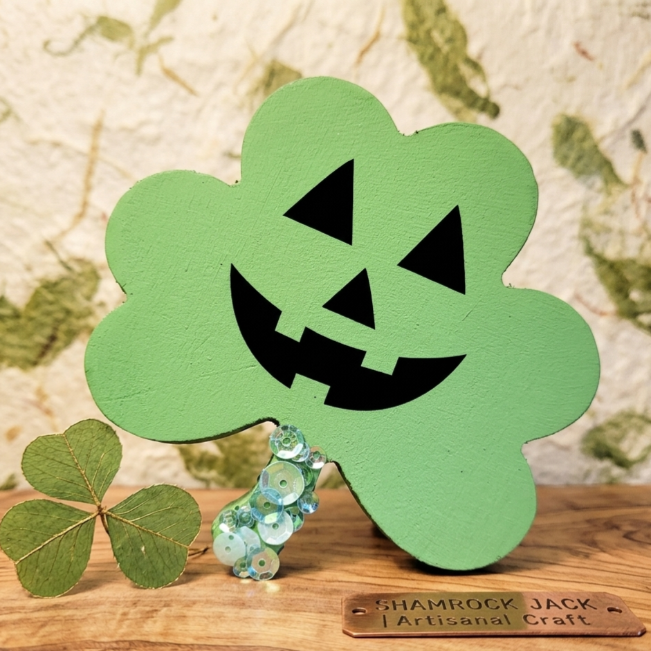 Handmade Spooky Chunky Wood Shamrock Jack-o-Lantern - Spooky St Patrick's Day Decor