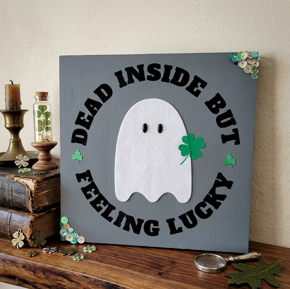 Handmade Spooky St Patrick's Day Artwork Decor "Dead Inside But Feeling Lucky"