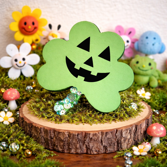 Handmade Spooky Chunky Wood Shamrock Jack-o-Lantern - Spooky St Patrick's Day Decor
