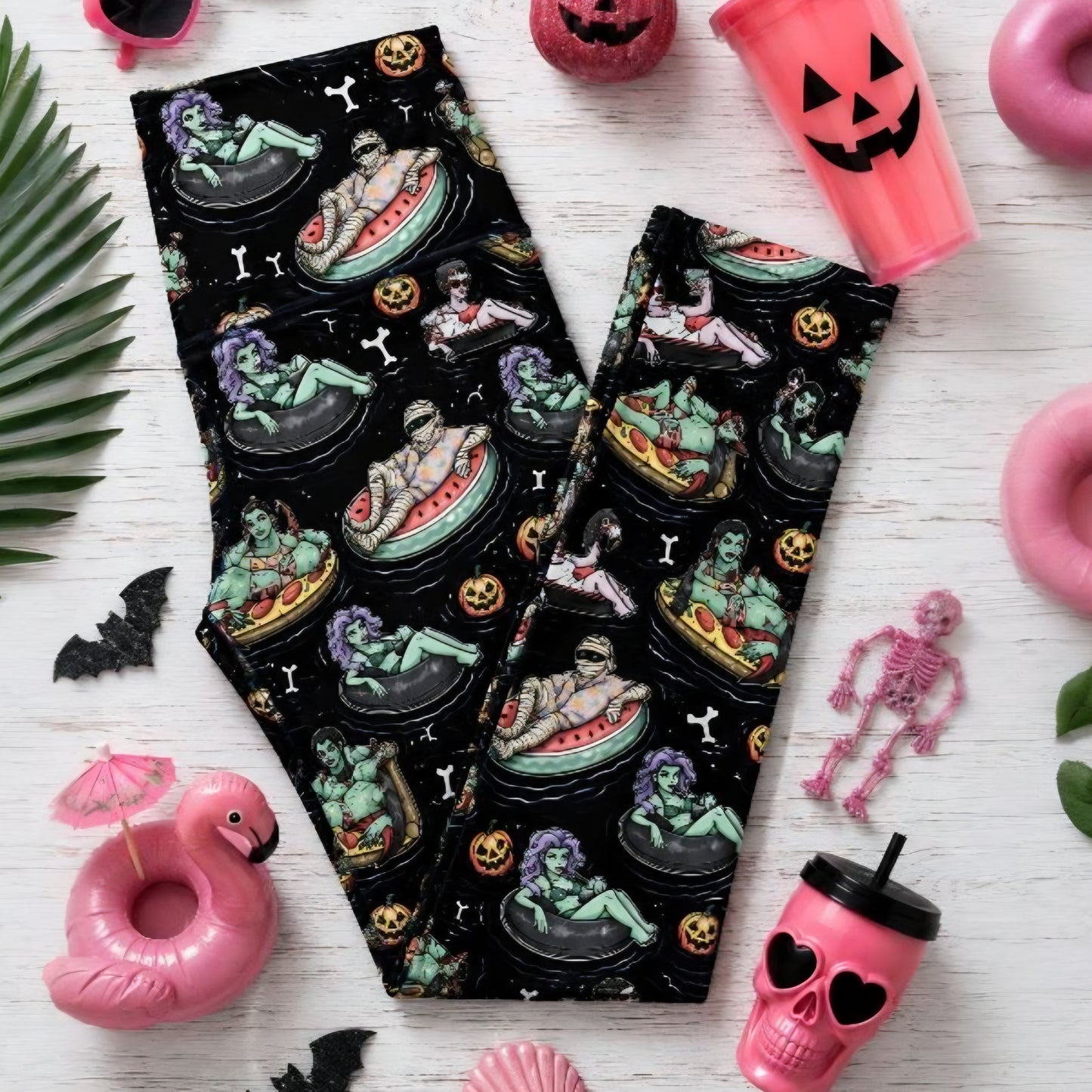Pool Ghouls Leggings - High-quality Handcrafted Vibrant Summer Spooky