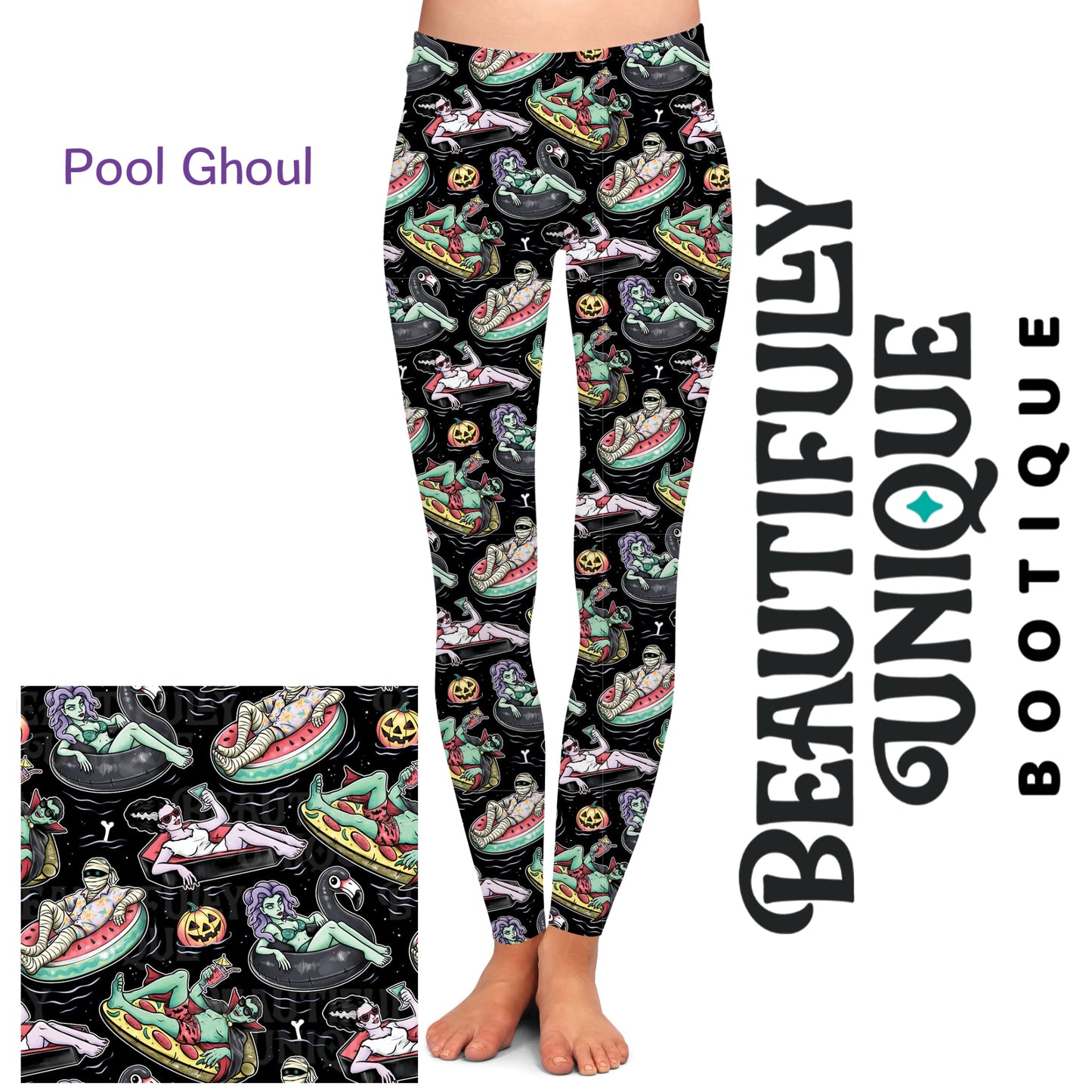 Pool Ghouls Leggings - High-quality Handcrafted Vibrant Summer Spooky