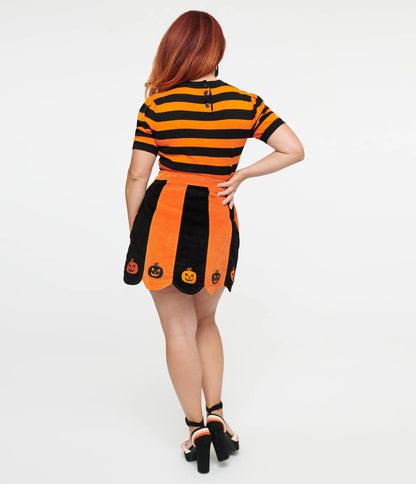Smak Parlour 1960s Orange & Black Pumpkin Scallop Corduroy Denim Mini Skirt