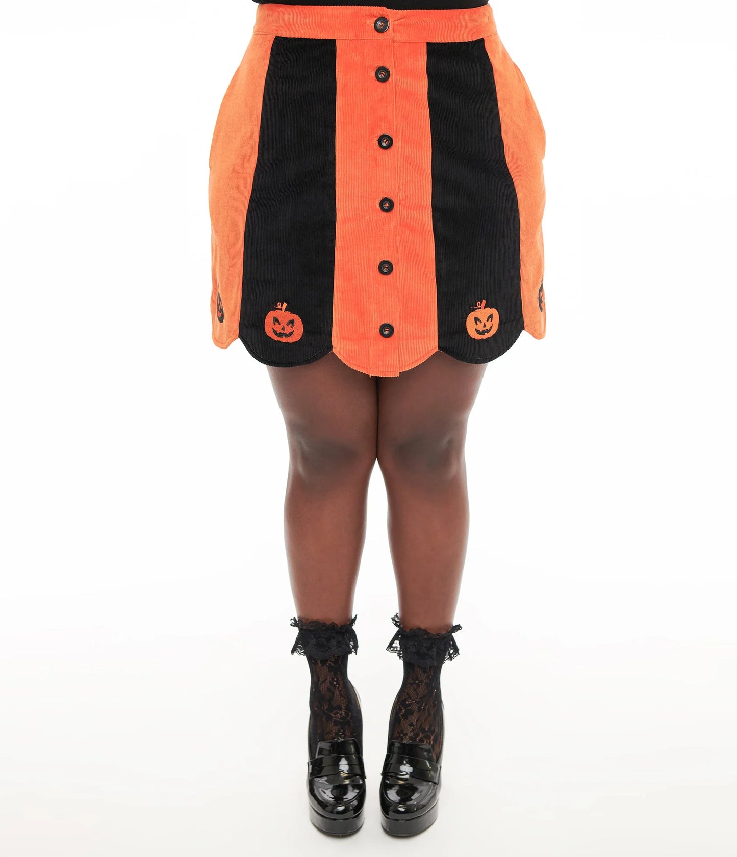 Smak Parlour 1960s Orange & Black Pumpkin Scallop Corduroy Denim Mini Skirt