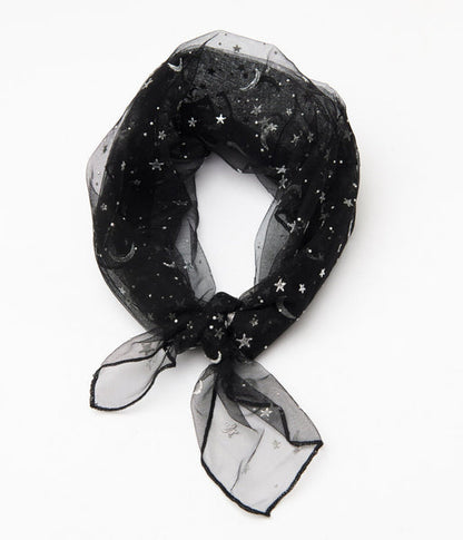 Black & Silver Star Print Hair Scarf (Unique Vintage)