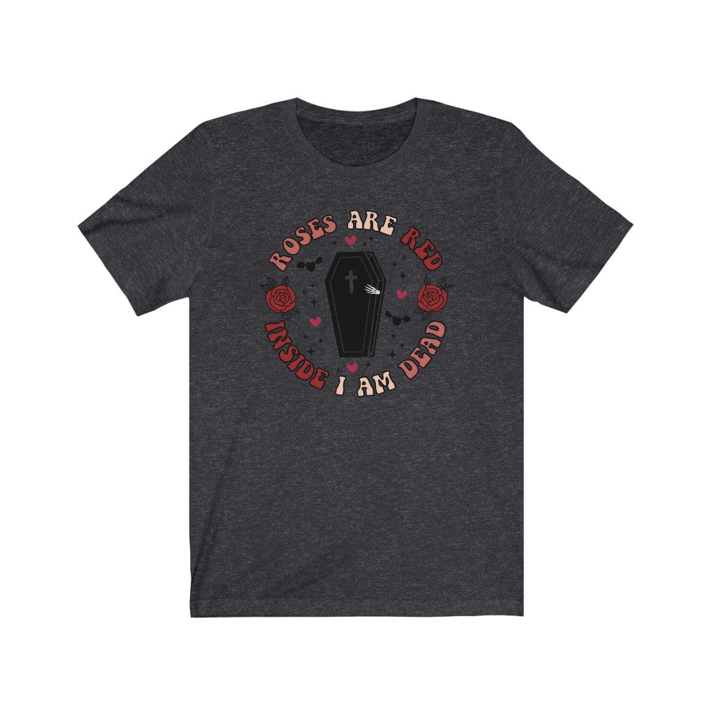 "Roses Are Red, Inside I'm Dead" Red And Pink Hearts And Bats Coffin Tee - Unisex Shirt